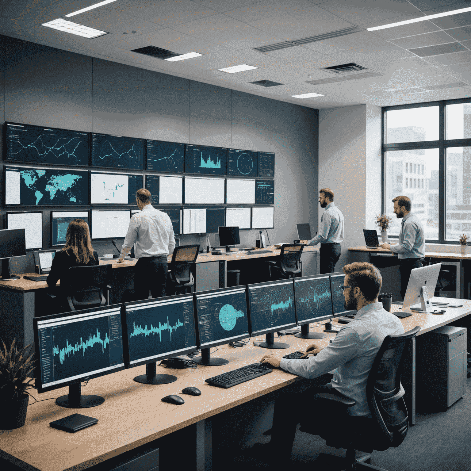 L'équipe d'Advanced IP Scanner au travail dans un environnement de bureau moderne avec des écrans affichant des analyses de réseau