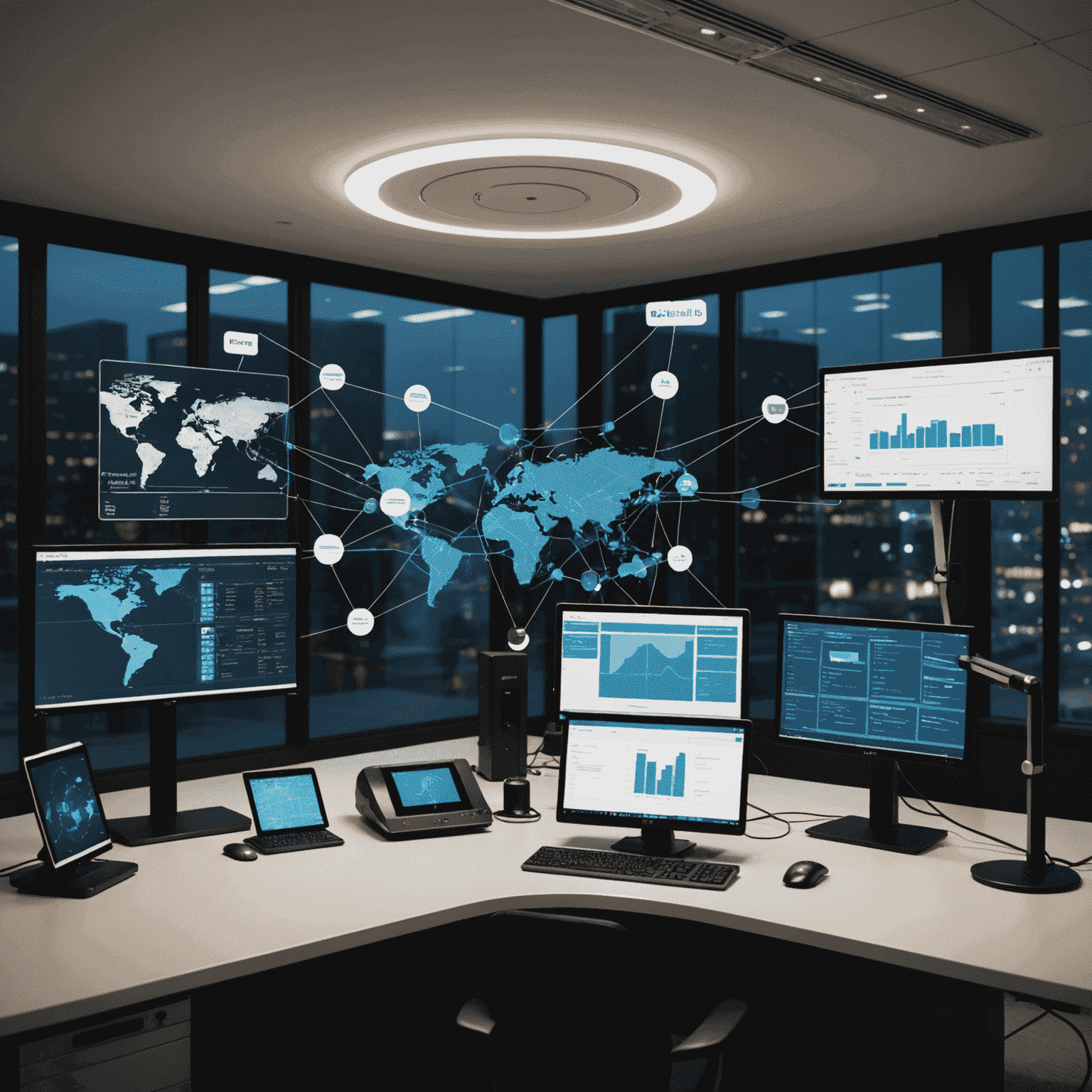 Image représentant un réseau local avec des appareils connectés et l'interface d'Advanced IP Scanner en superposition