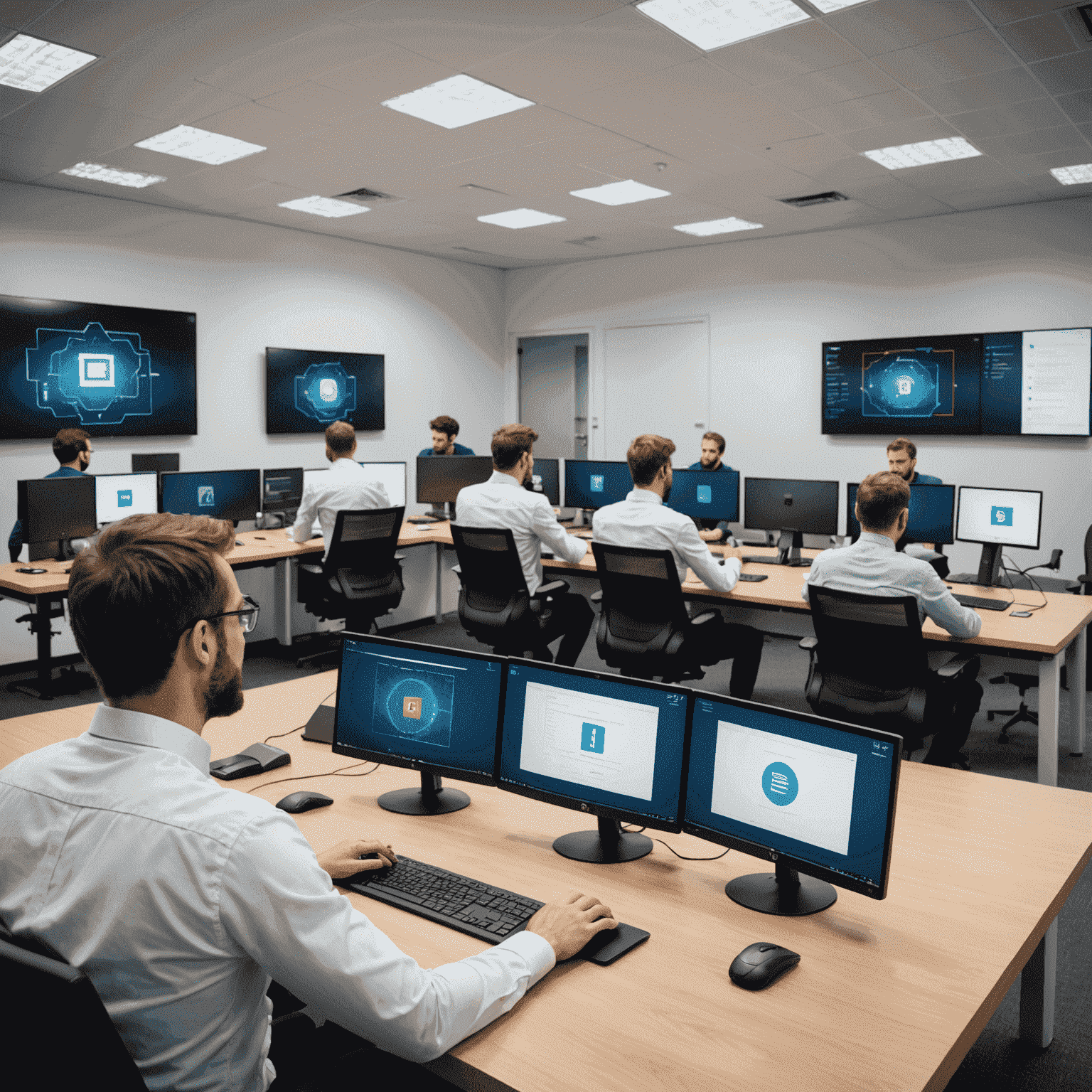 Équipe IT française en formation, utilisant Advanced IP Scanner sur des écrans d'ordinateur dans une salle de conférence moderne